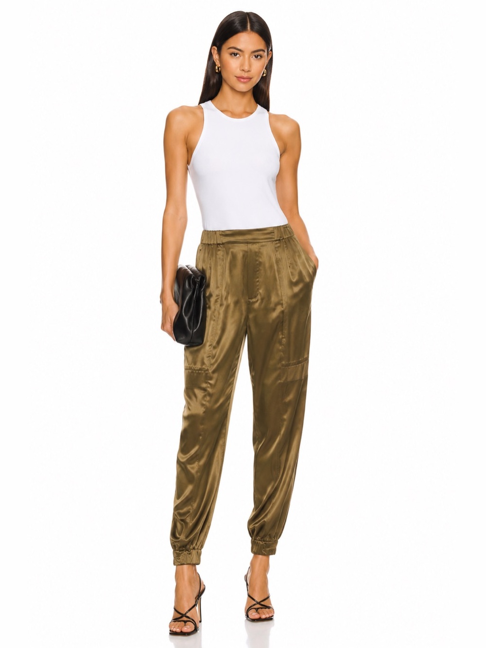 Nicholas 100% Silk Cargo Jogger Pants | Olive Bronze Luxe Satin | Size 2